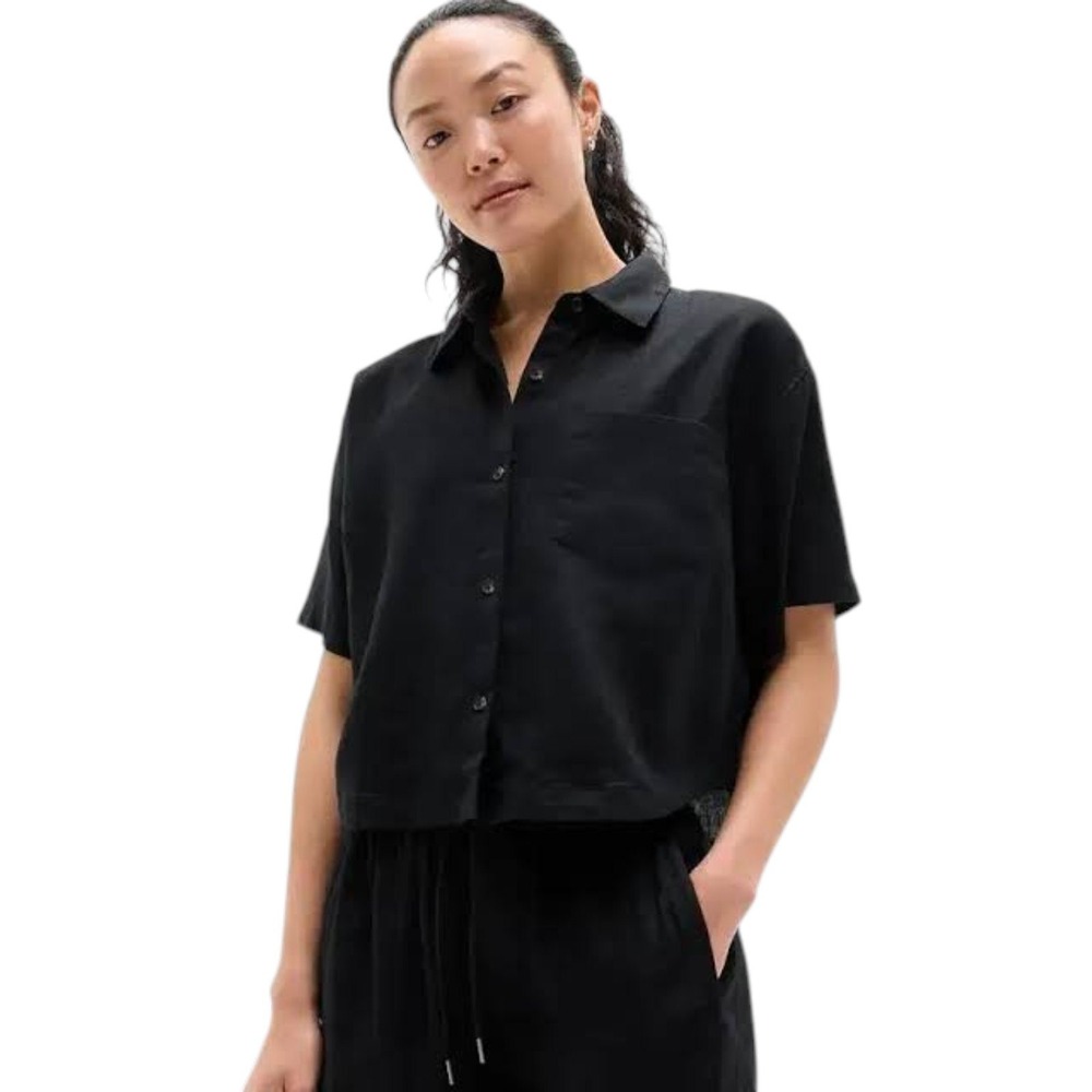 Athleta Retreat 100% Linen Shirt Black Cropped Button Down Coastal Minimalist M